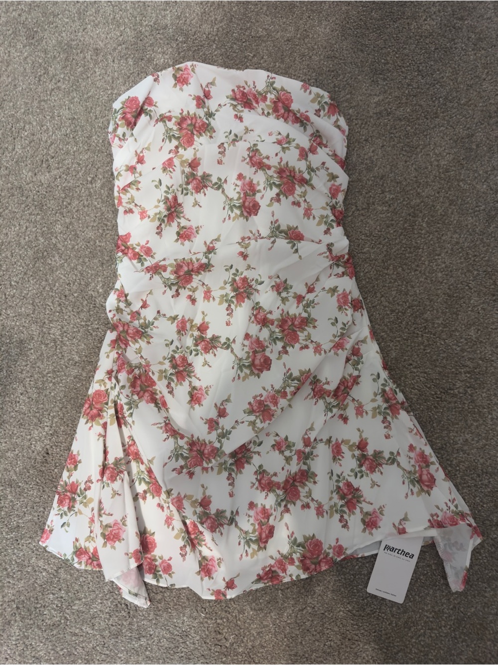 White Strapless Floral Dress with Pink Rose Print